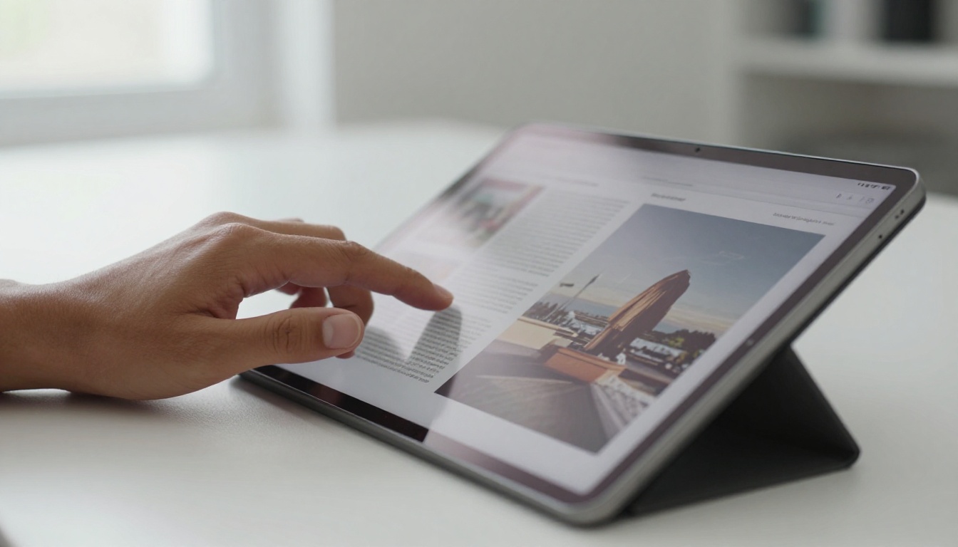 Freelance designer scrolling a page-turning magazine on a tablet