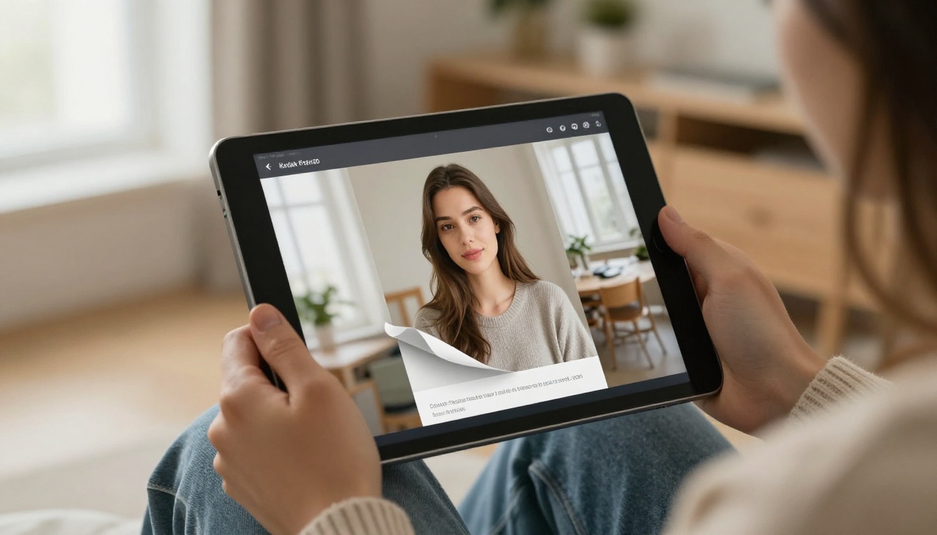 A young woman reading a flipbook with a page turn on a tablet in a break room