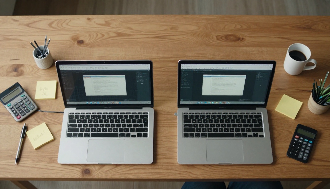 Overhead view of two laptops comparing flipbook software on an oak table