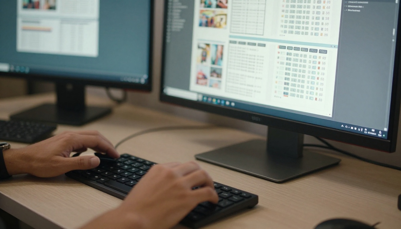 Hands working at a dual monitor setup with a multi-page magazine layout and column grids