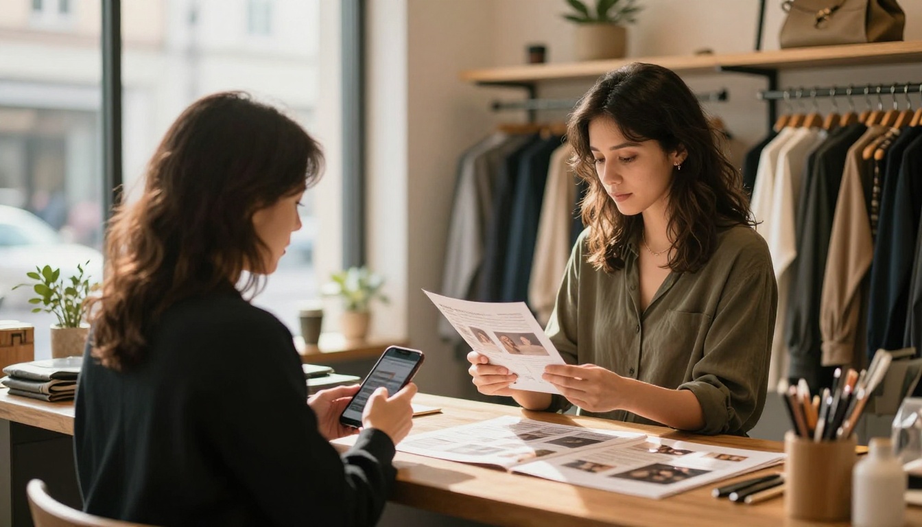 Boutique owner holding a printed lookbook at a shop counter