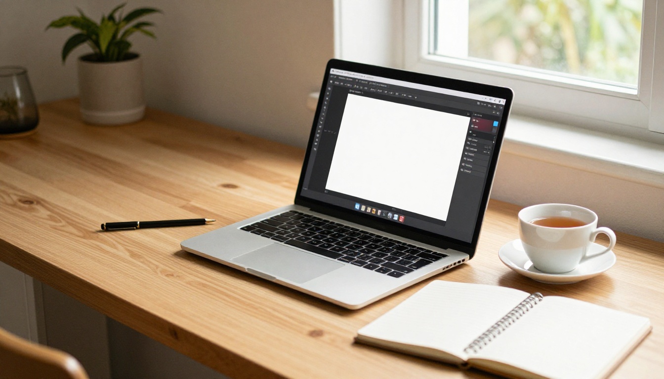 A small business owner using a template-based editor on a laptop at a kitchen table