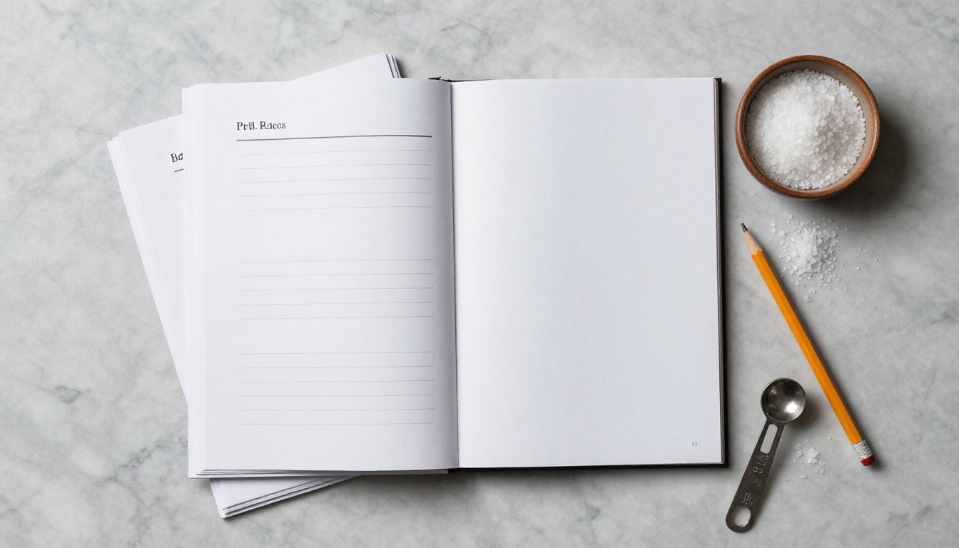 A stack of printed PDF cookbook pages on a marble counter