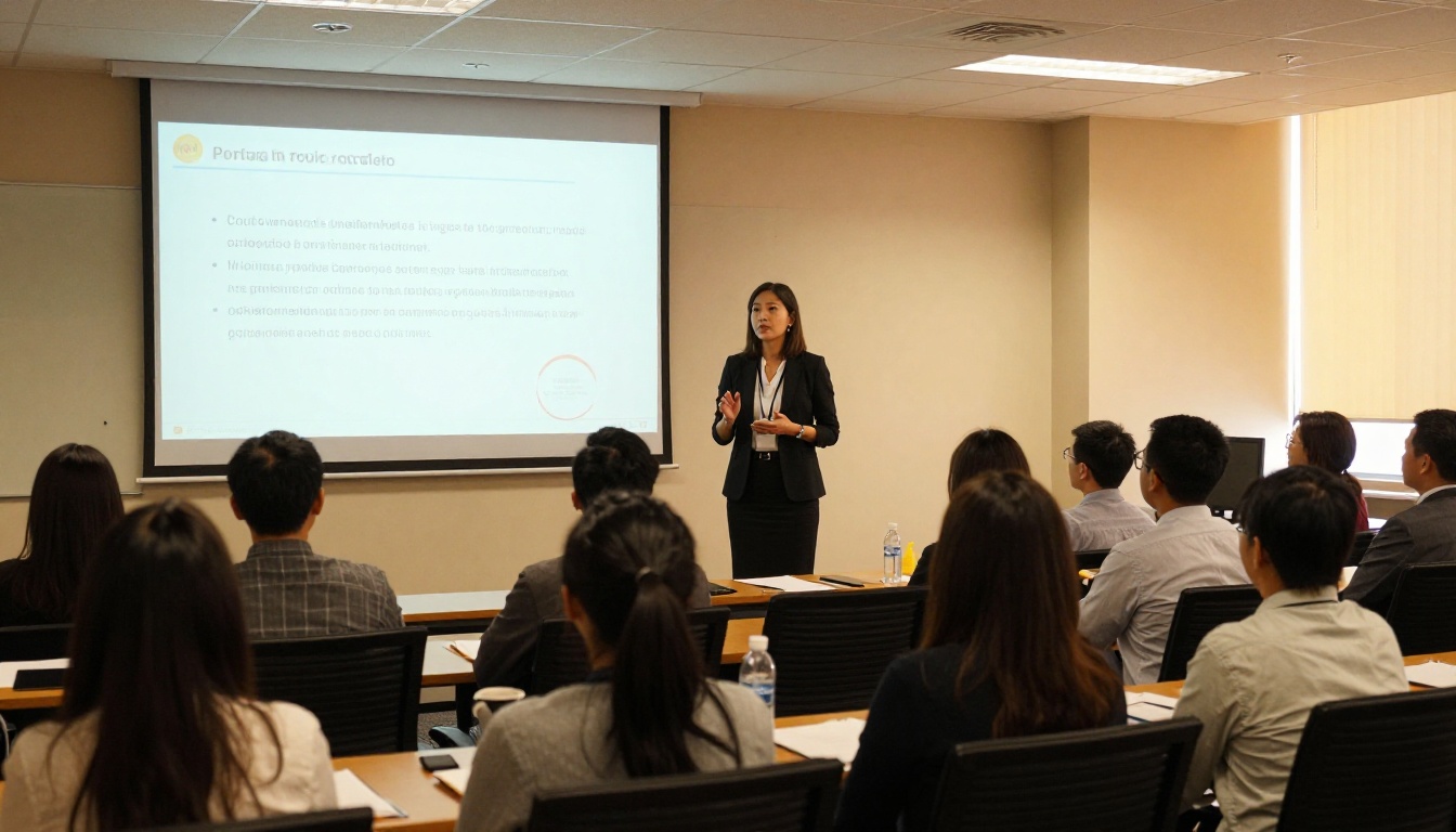 An HR manager presenting a slide deck to a small group of new employees