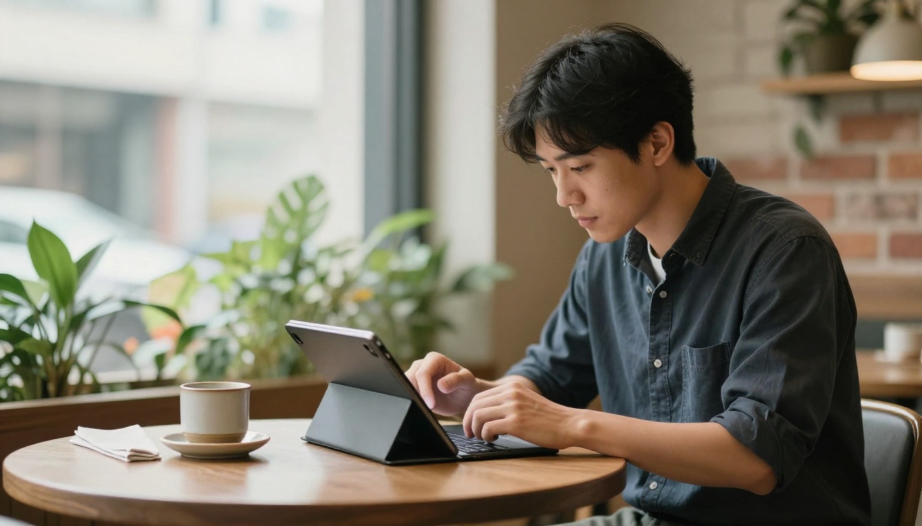 Restaurant owner reviewing a digital menu on a tablet in a cafe