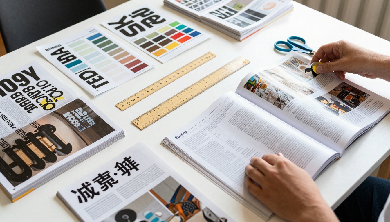 A wide table with open magazine spreads, color swatches and a ruler seen from above