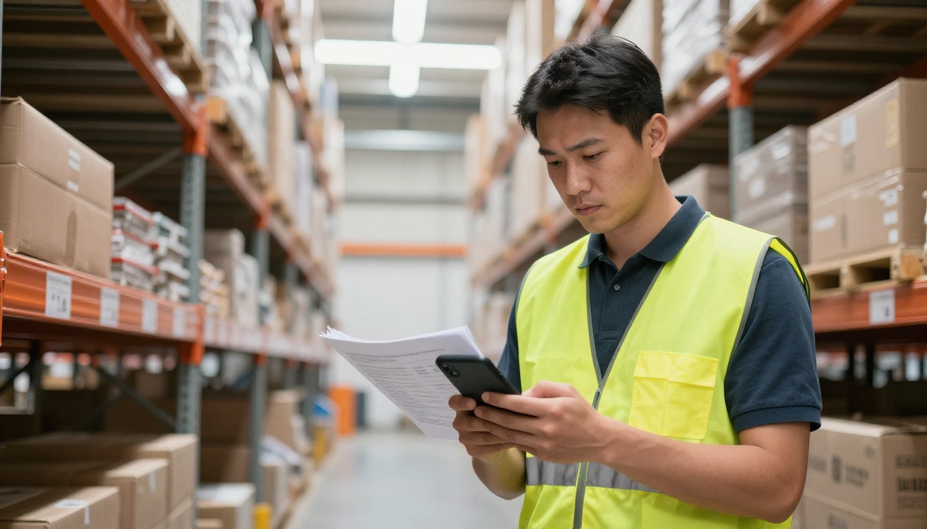 A warehouse employee reading a training manual on a smartphone