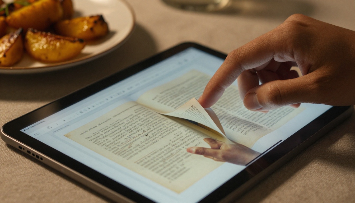 A hand swiping through a page-turning cookbook on a tablet