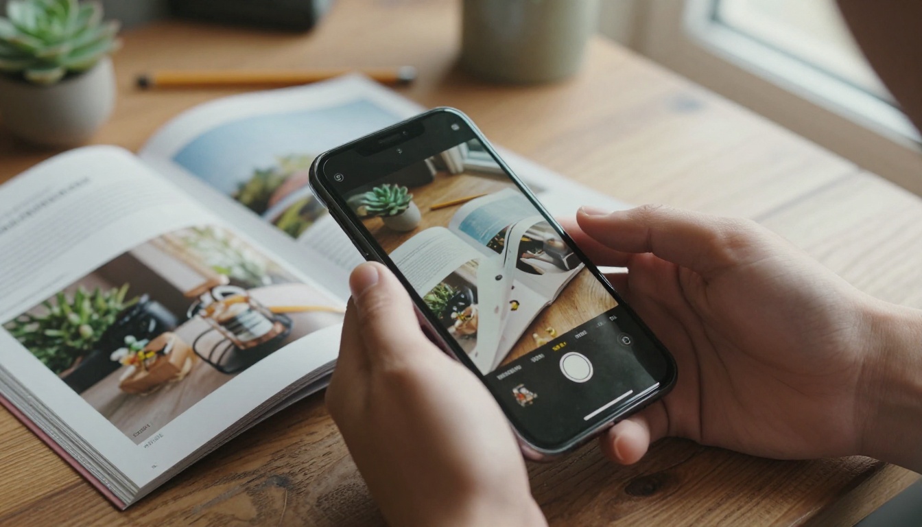 Hands holding a smartphone showing a page-turning catalog Hands holding a smartphone showing a page-turning catalog