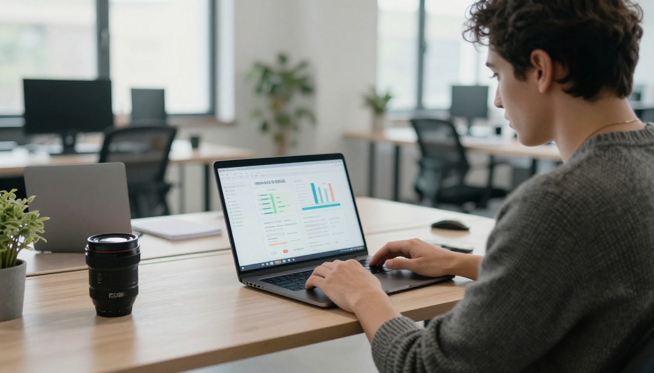 Marketer checking analytics on a laptop at a standing desk