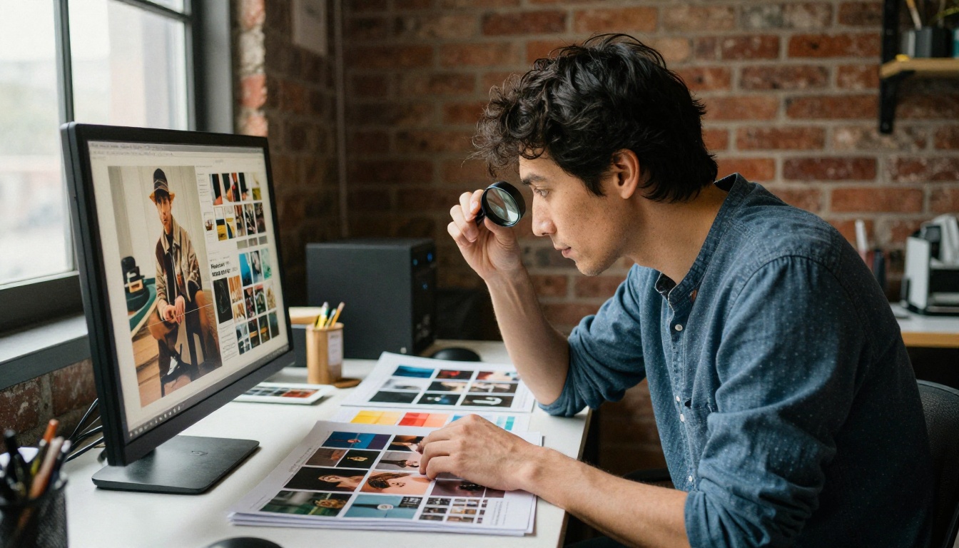 An art director reviewing printed color proofs with a loupe in a loft studio