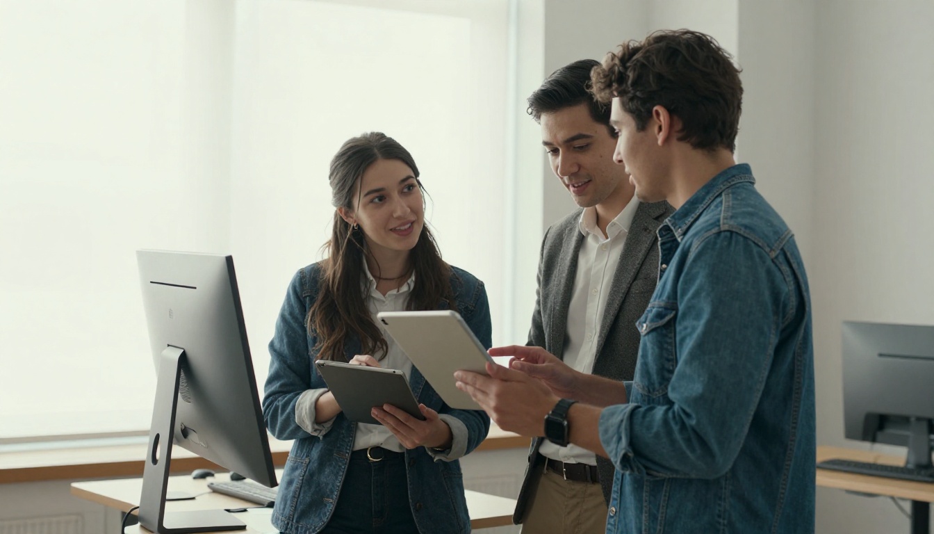 A team lead and a new hire reviewing a tablet together at a standing desk