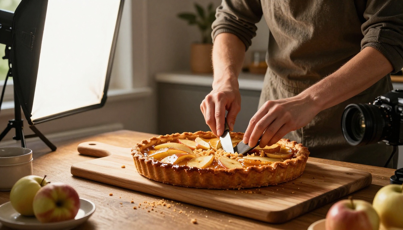 A food blogger plating an apple tart in a sunlit home studio
