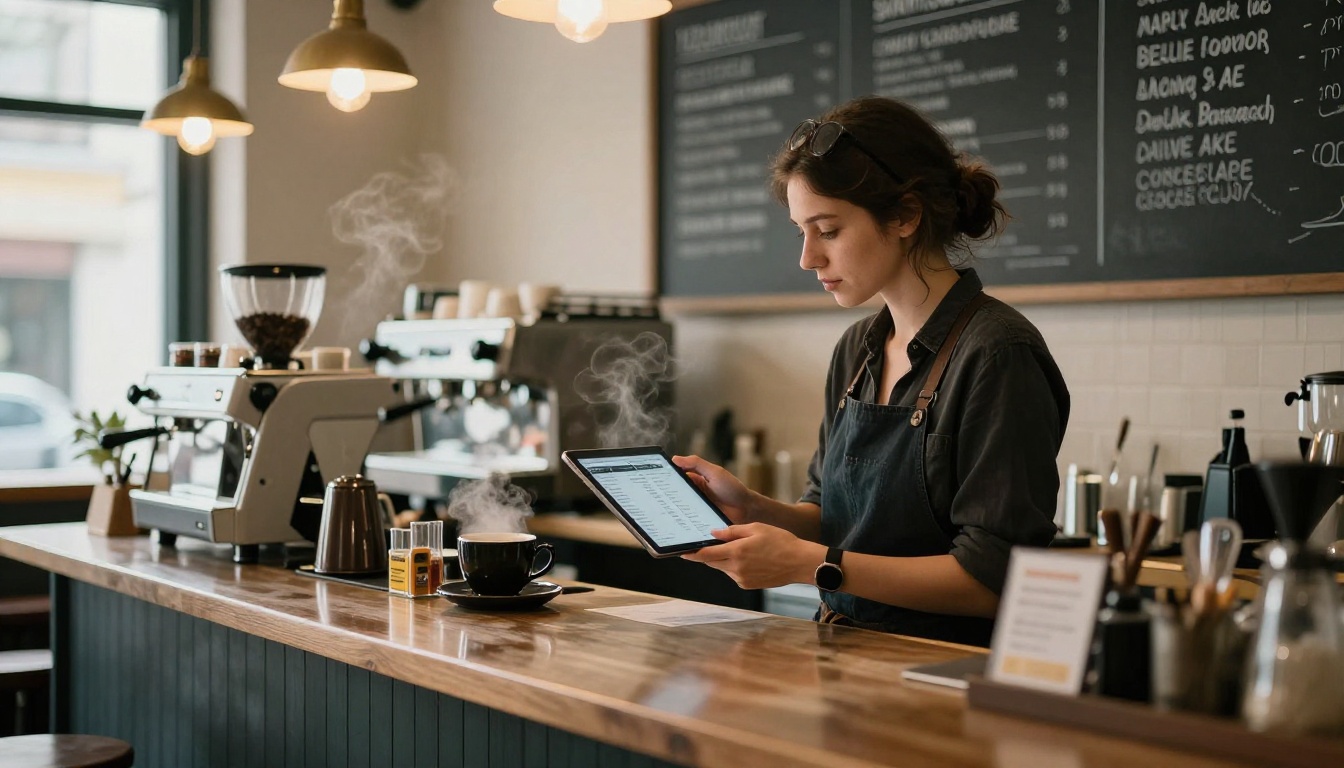 Cafe owner behind a counter holding a tablet with a digital menu Cafe owner behind a counter holding a tablet with a digital menu