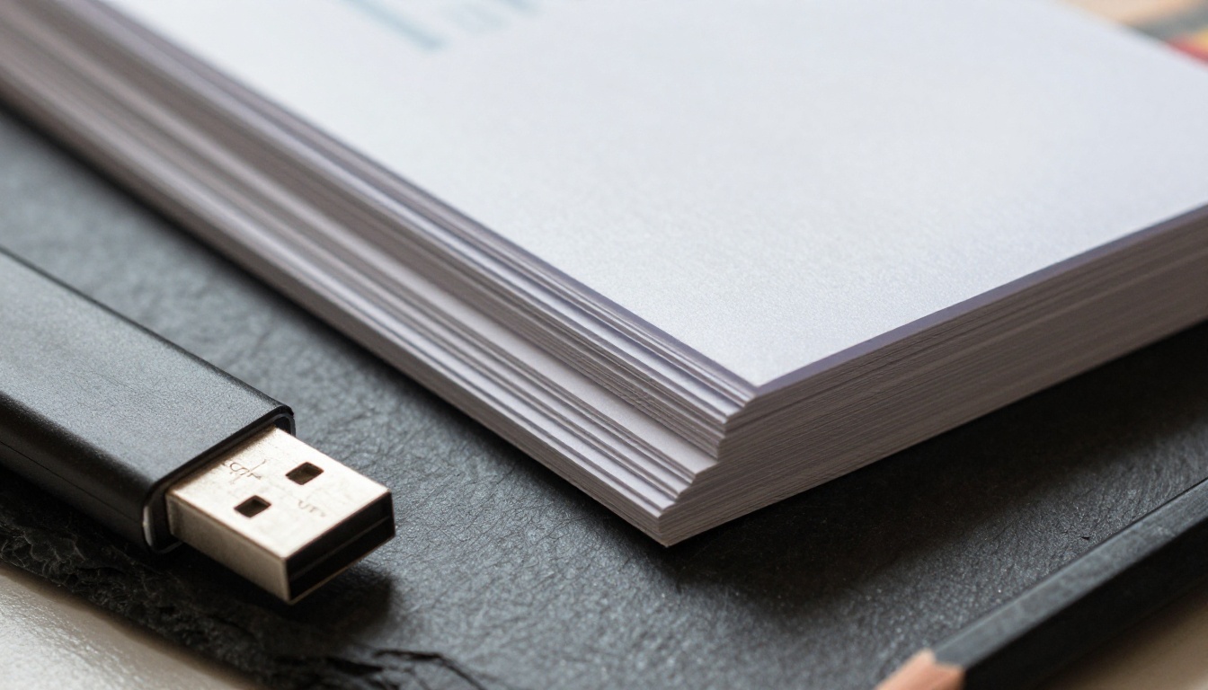 Stack of printed brochures next to a USB drive on a slate surface
