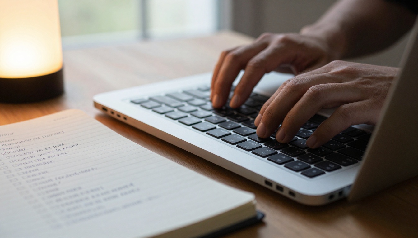 Hands typing on a laptop while uploading a document with a handwritten checklist nearby