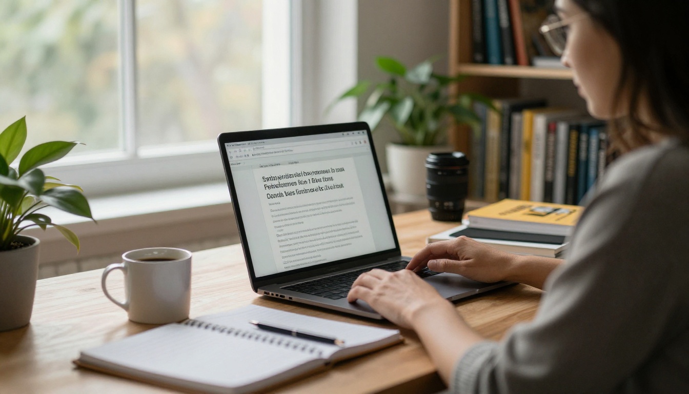 A woman reviewing cookbook sales on a laptop in a bright home office