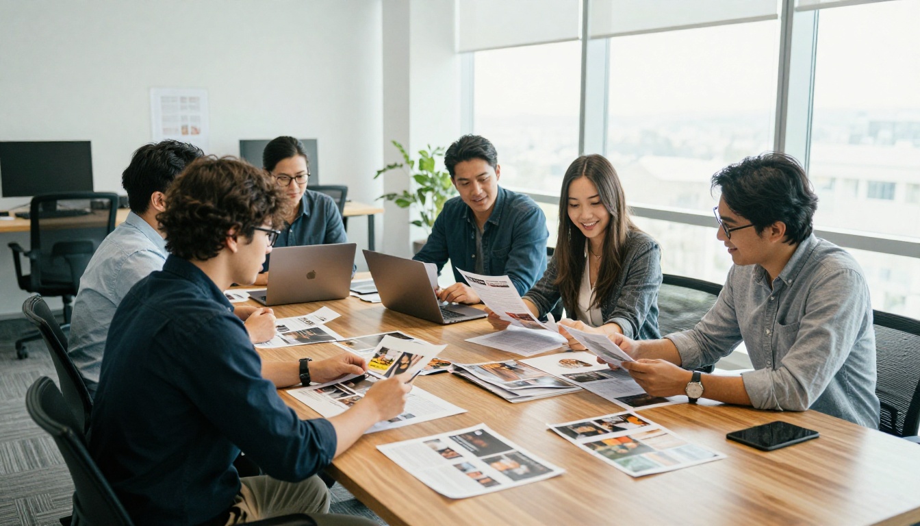 A small editorial team reviewing page printouts around a meeting table