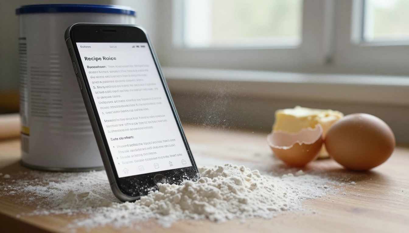 A smartphone showing a recipe page propped against a flour canister