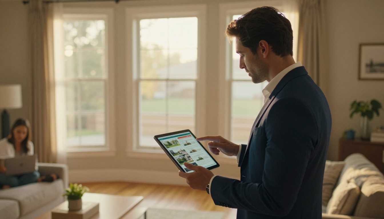 Real estate agent presenting a digital property brochure on a tablet Real estate agent presenting a digital property brochure on a tablet