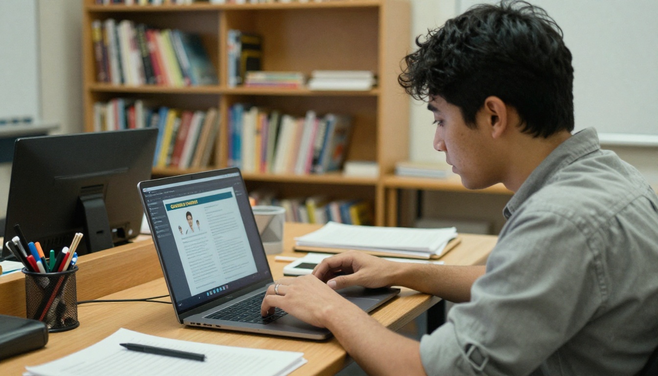 Teacher preparing a digital course booklet at a classroom desk