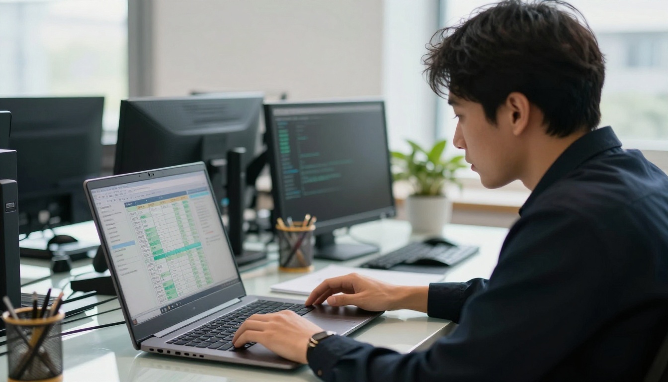 A manager and colleague reviewing completion numbers on a laptop
