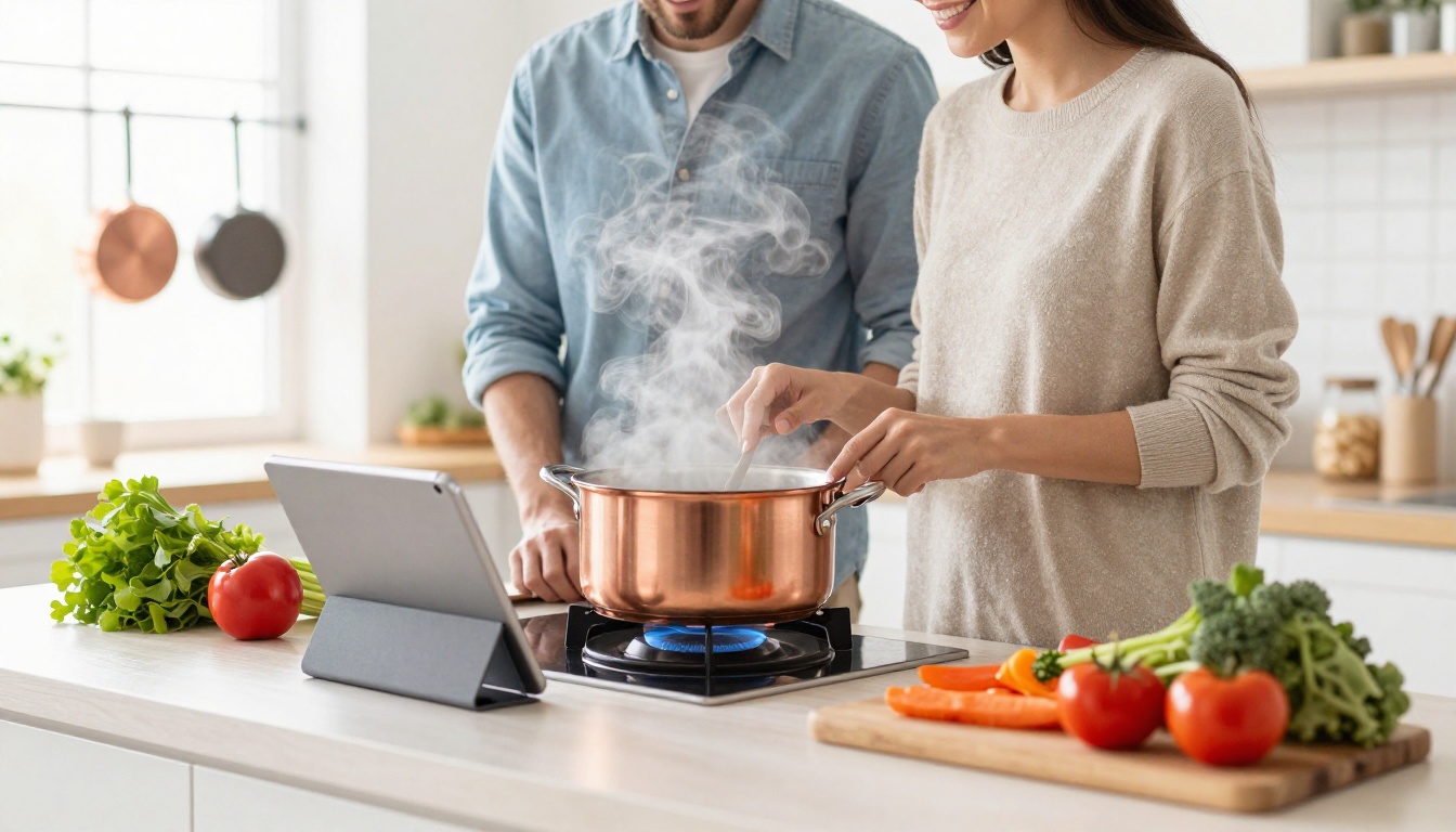 A couple cooking together while following a recipe on a tablet