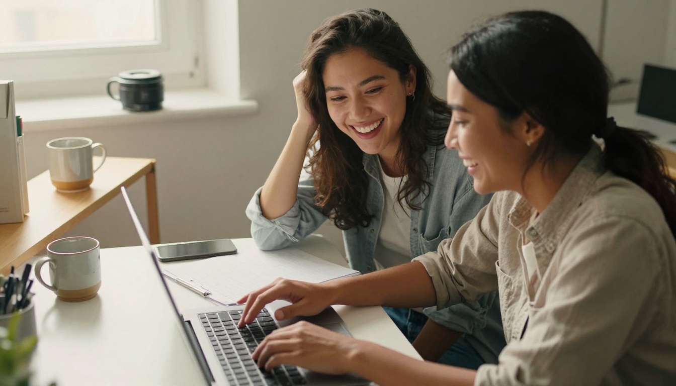 Two coworkers laughing while reviewing a document on a laptop