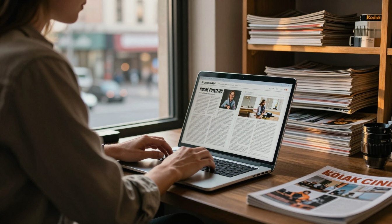 A freelancer at a standing desk with a laptop showing a magazine PDF