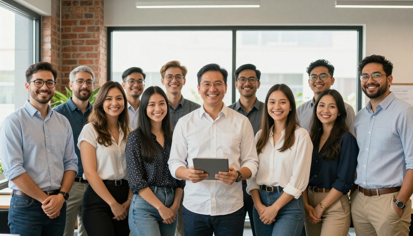 Smiling new hires and their team in a bright office lobby on a first day
