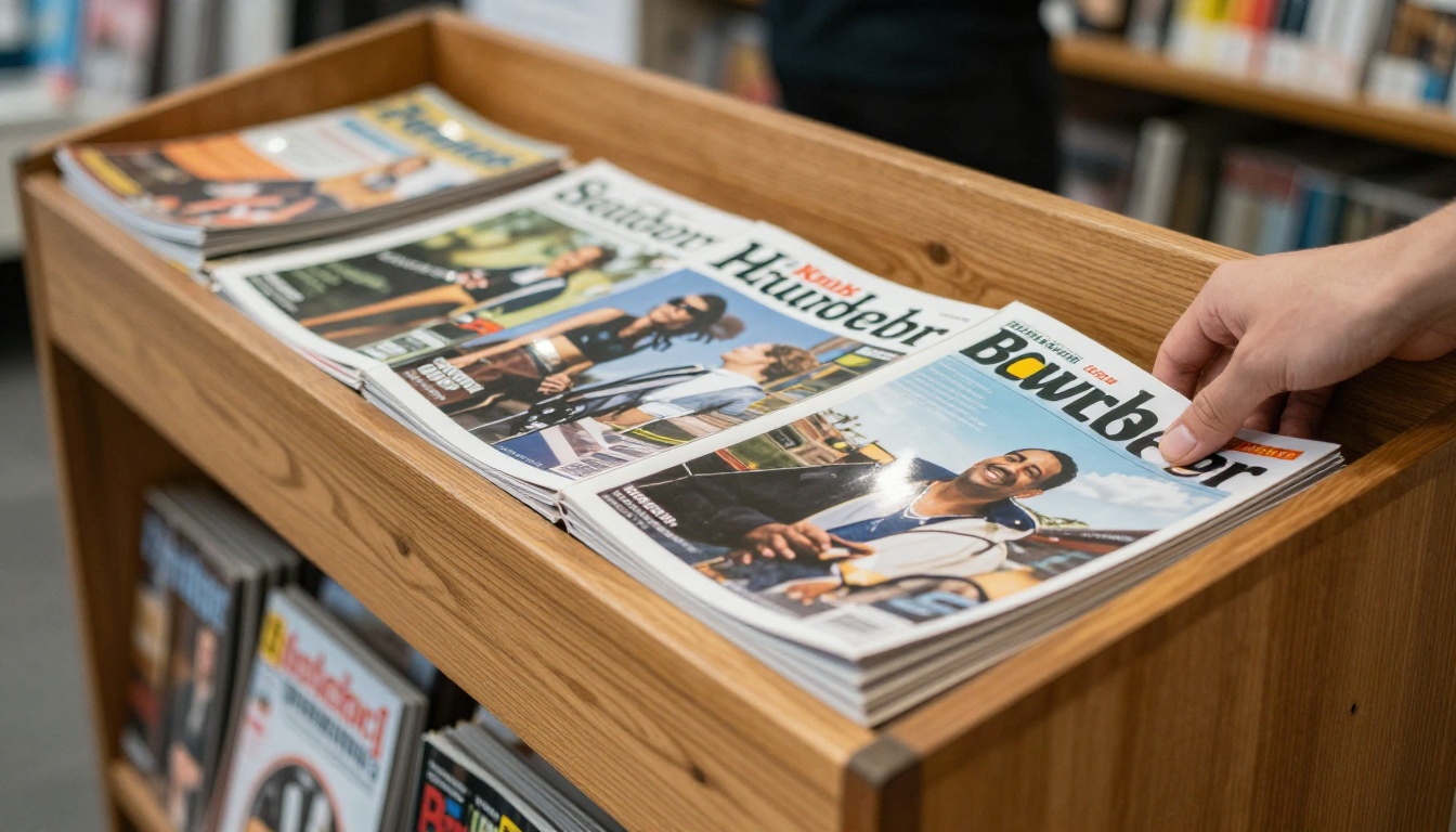A wooden display table with several glossy magazines laid out in a row