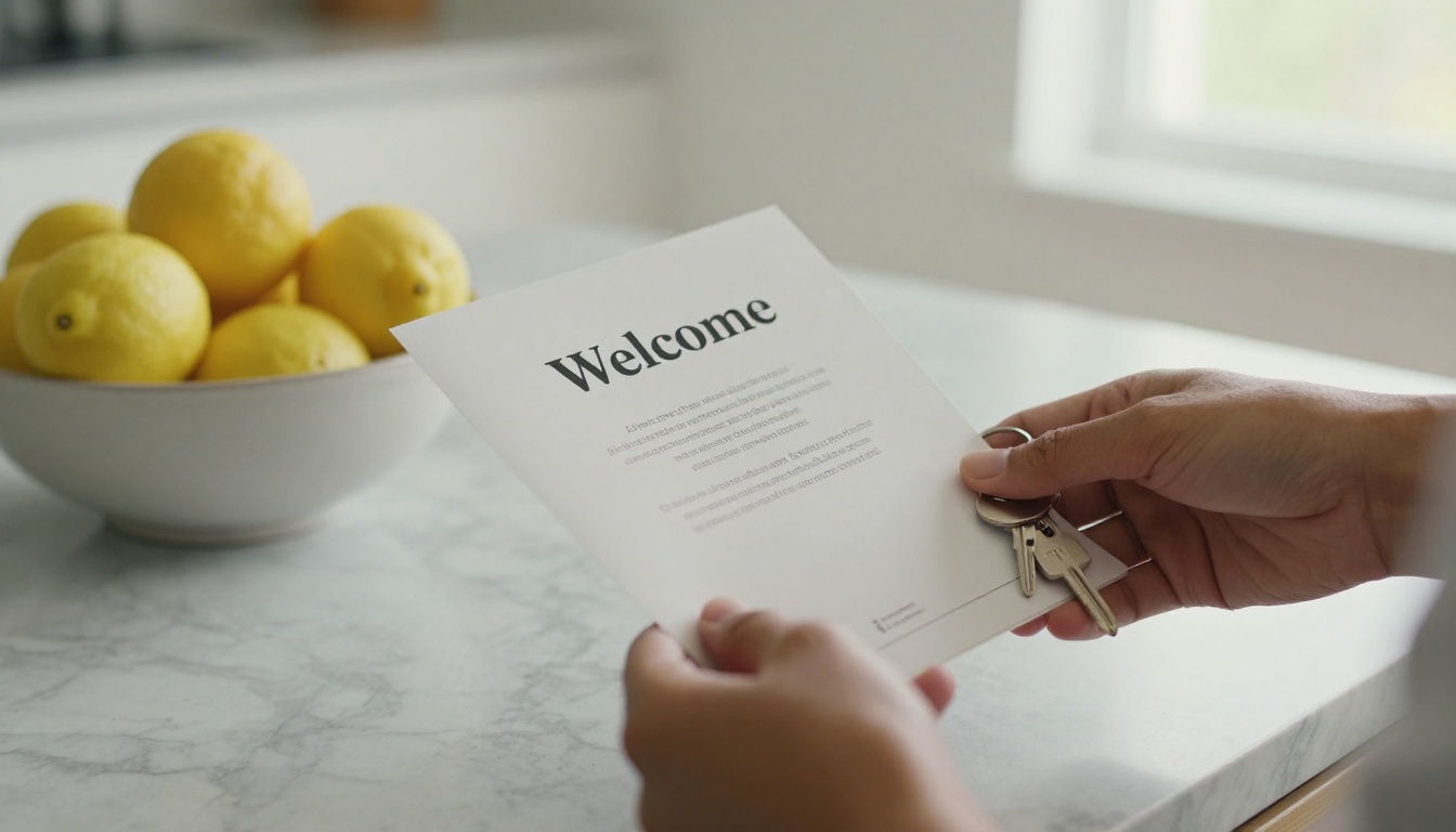 Host placing a welcome folder and lockbox code card on a rental kitchen counter