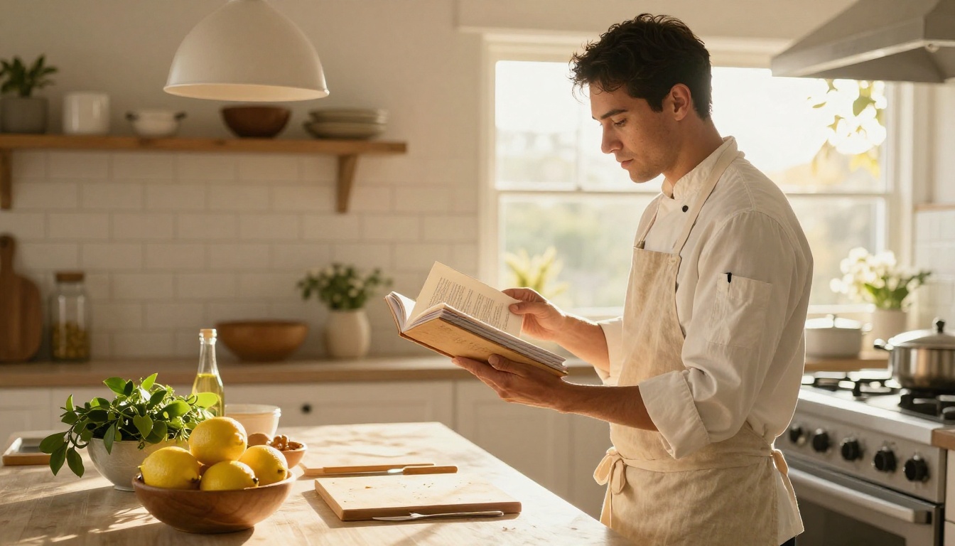 A chef proudly holding a finished cookbook in a farmhouse kitchen