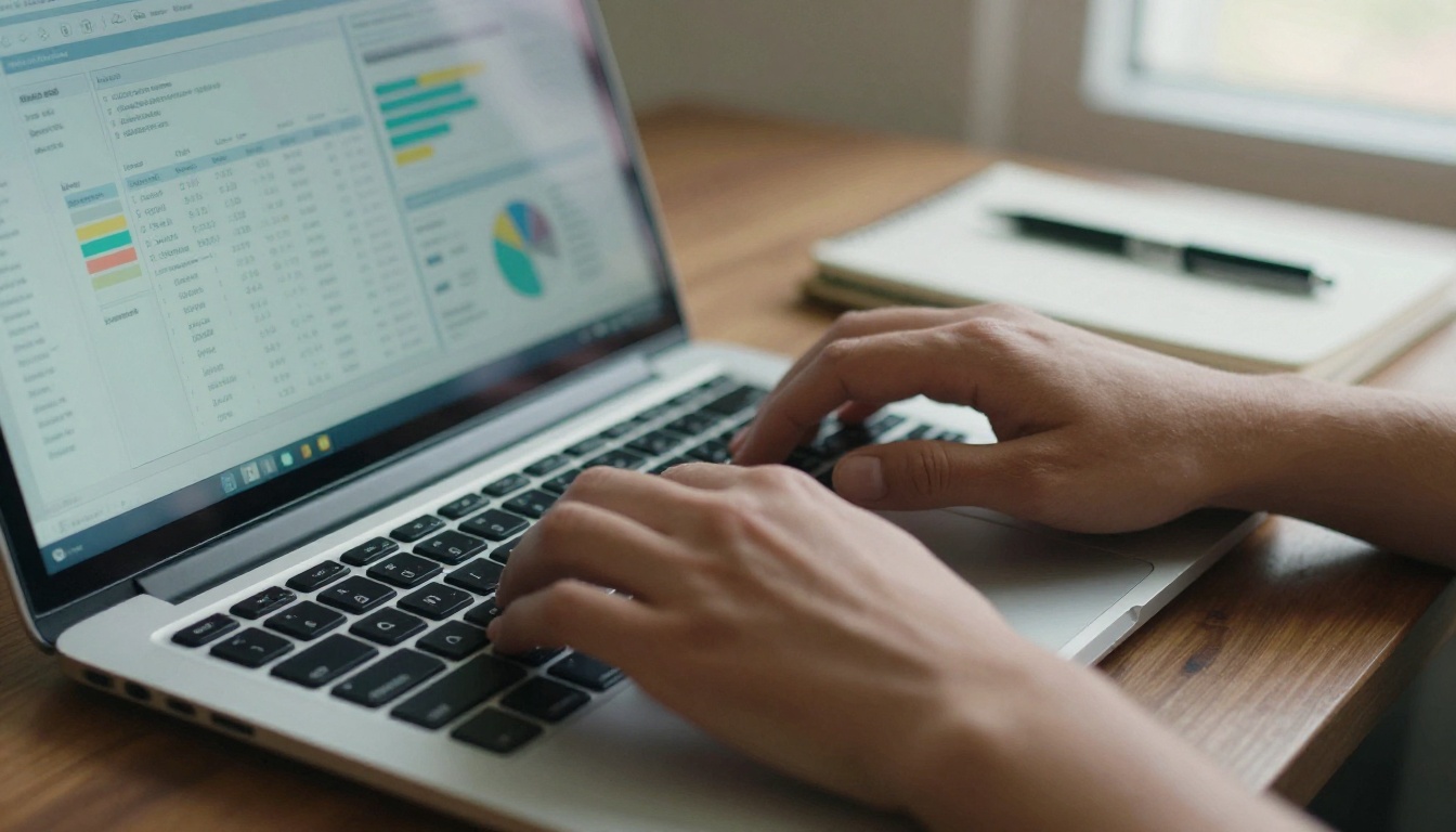 Marketing manager typing beside a blurred analytics dashboard Marketing manager typing beside a blurred analytics dashboard