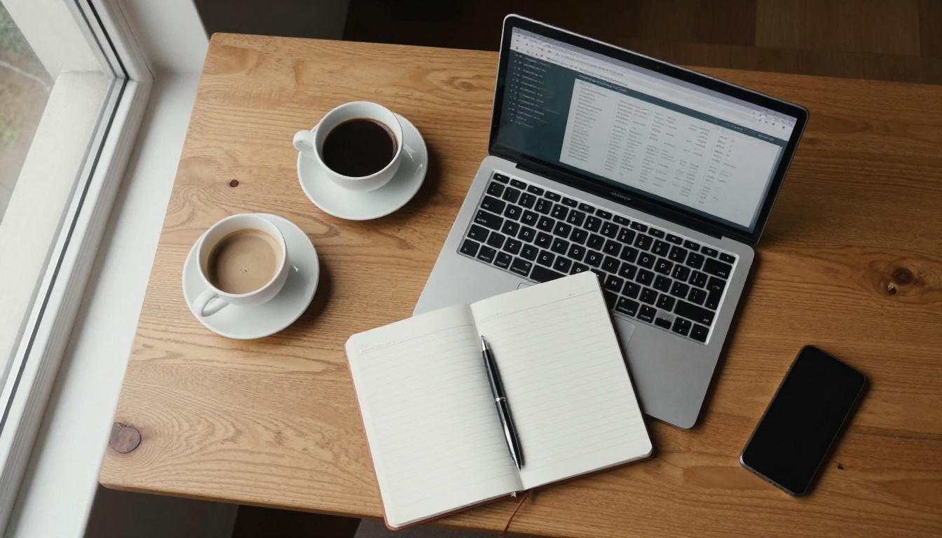 Aerial flat lay of a desk with laptop dashboard, notebook and coffee for property management