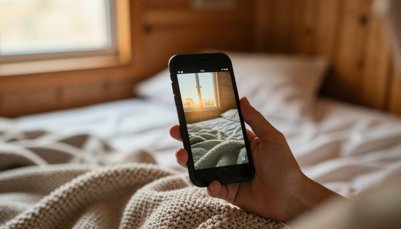 Guest holding a smartphone in a cozy cabin bedroom reading digital house information