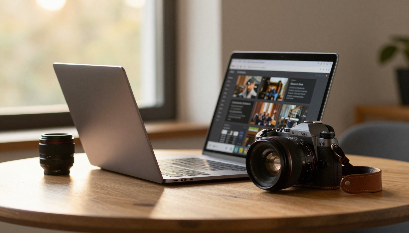 Photographer browsing a digital portfolio on a laptop by a window Photographer browsing a digital portfolio on a laptop by a window