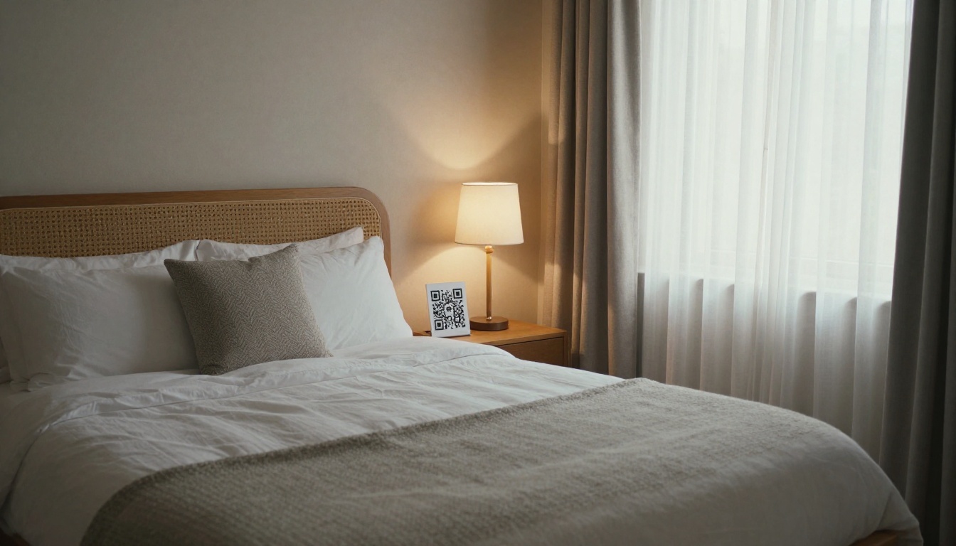 Neatly made rental bedroom with a QR code stand card on the nightstand