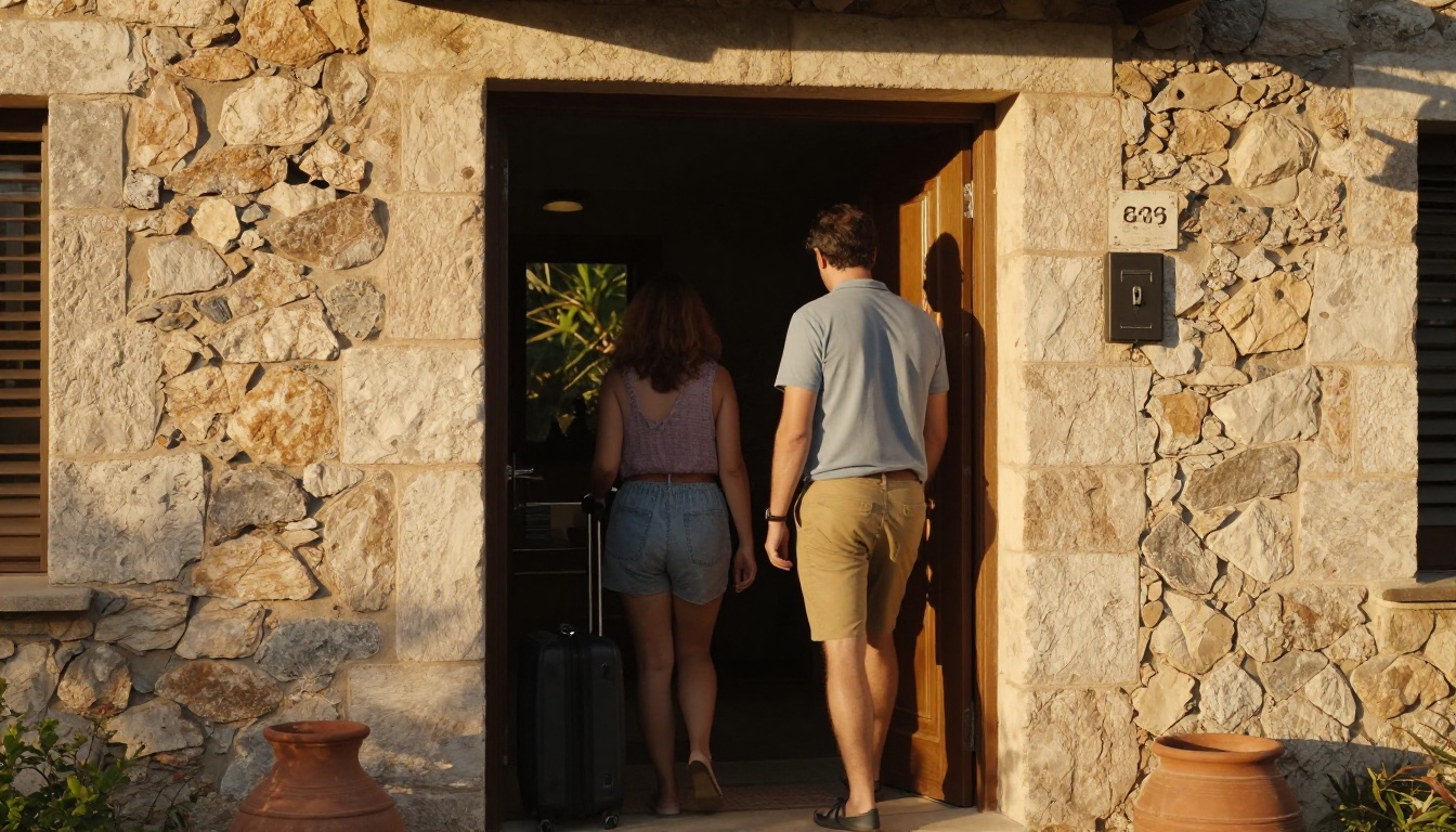 Couple arriving at a stone villa entrance with a lockbox and luggage