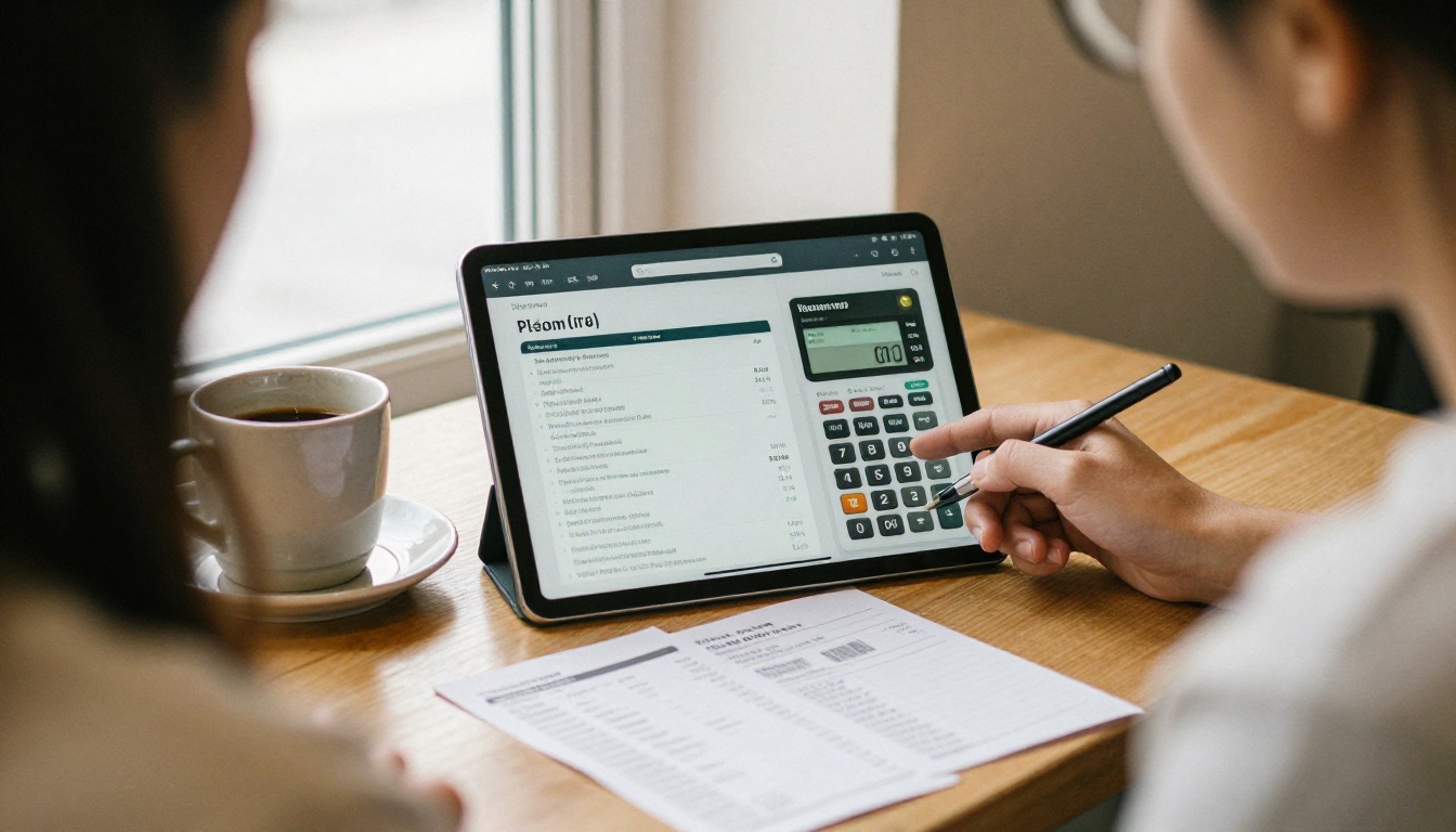 Small business owner reviewing a tablet beside receipts at a cafe table