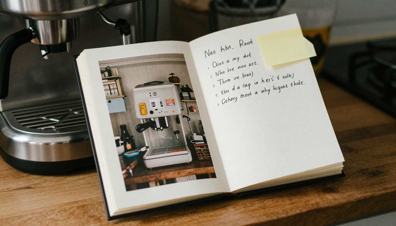 Printed house manual binder open beside a coffee machine in a rental kitchen