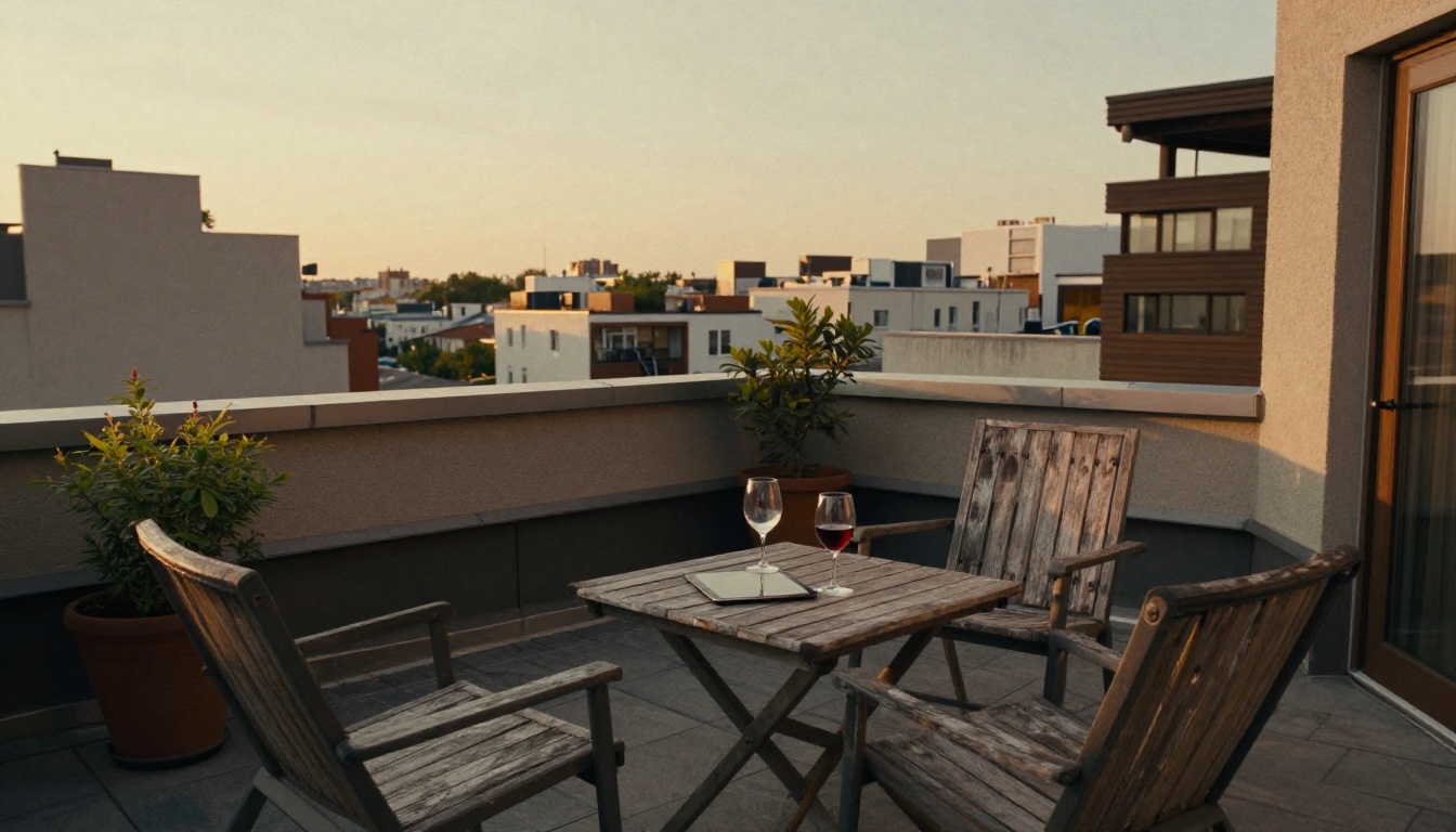 Rooftop terrace of a city apartment rental at sunset with a tablet on a small table
