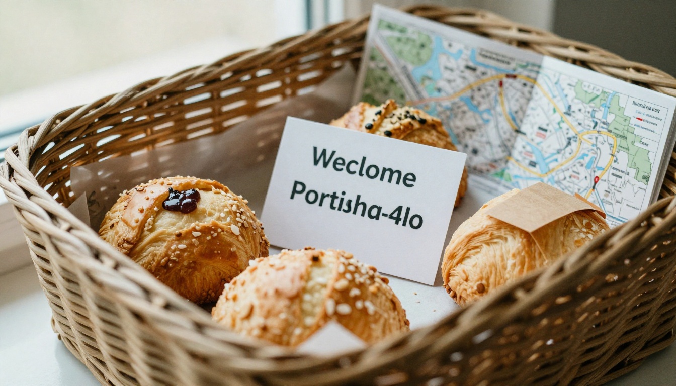 Welcome basket with local pastries and a map on a rental entryway table