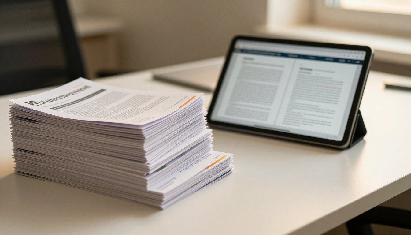 Stack of printed brochures beside a tablet showing a flipbook page