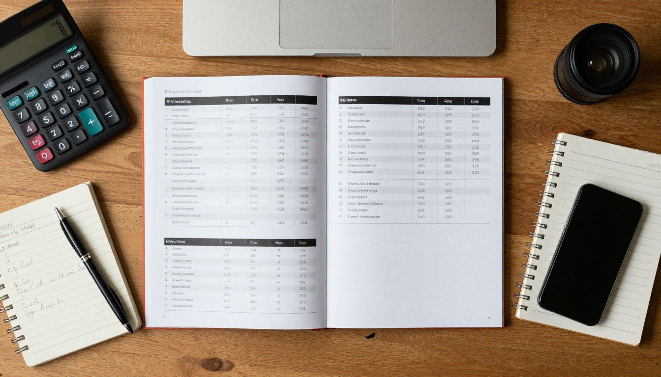 Overhead view of a desk with a catalog, calculator and budget notes