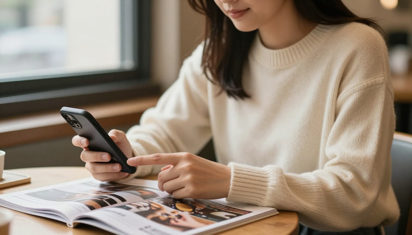 Woman editor comparing a printed magazine with its digital version on a phone
