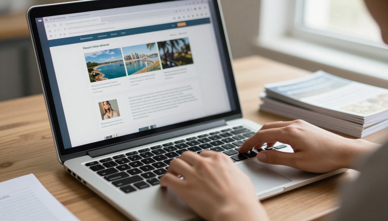 Small business owner at a sunlit desk managing her website