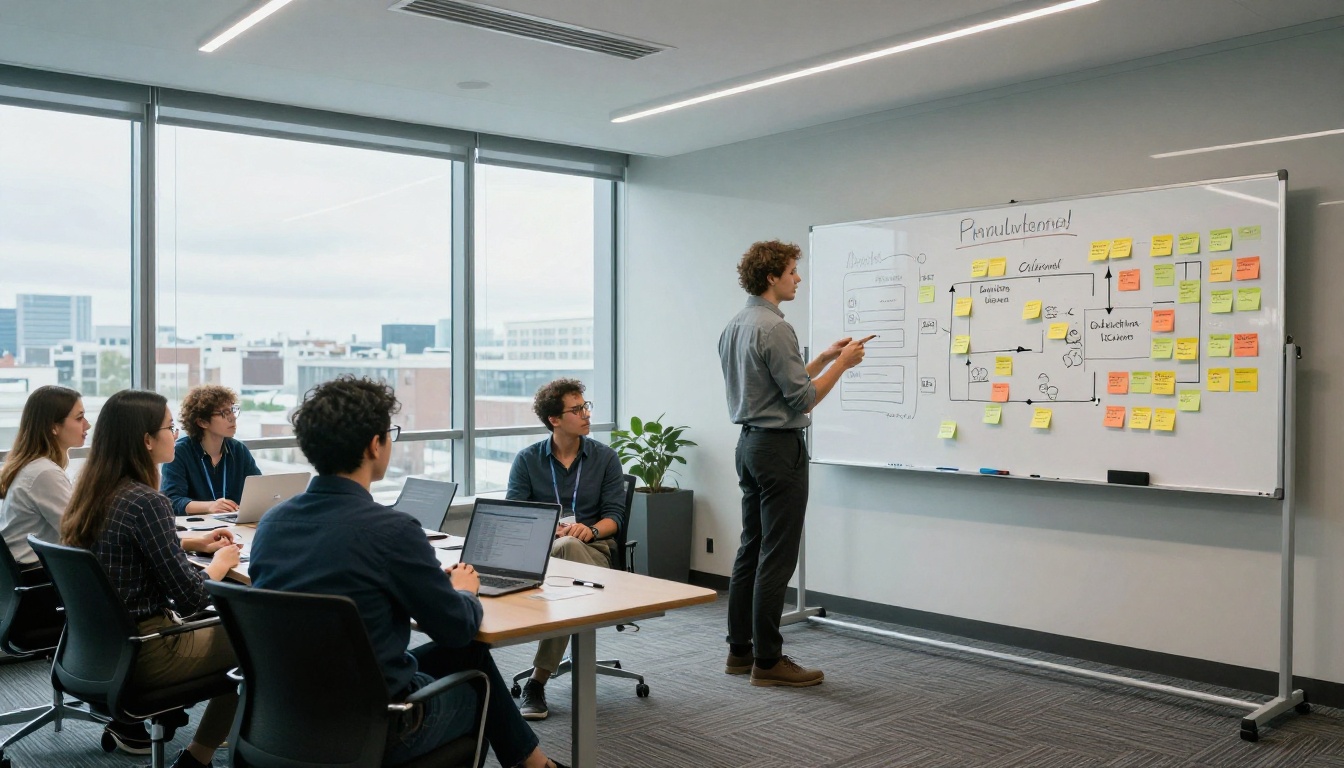 Small team meeting in a glass-walled room discussing a publishing workflow