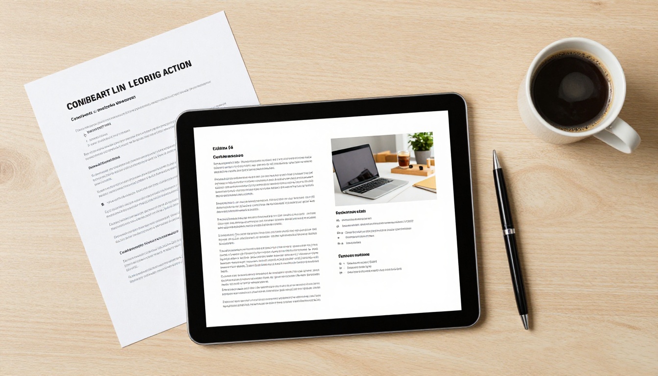 Tablet showing an interactive page-turning brochure beside a contract