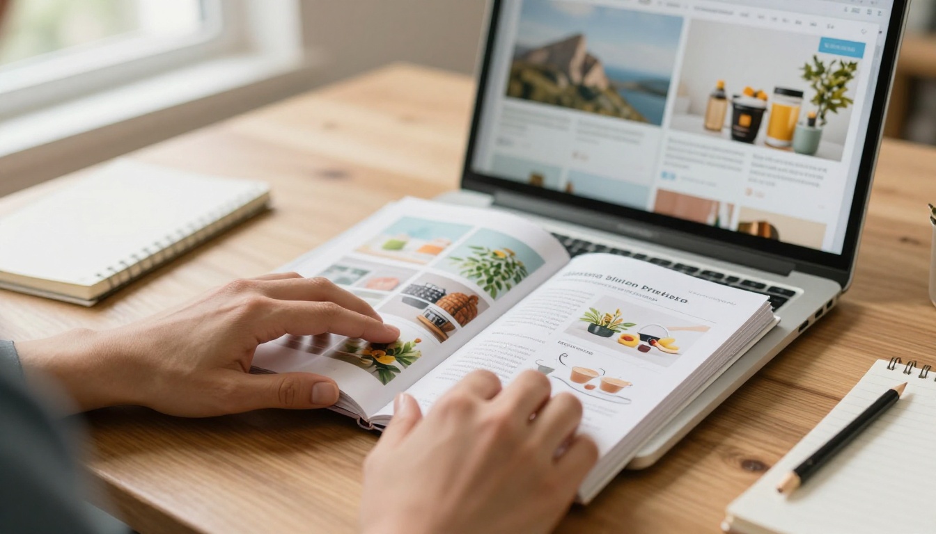 A shop owner flipping through a printed catalog next to a laptop